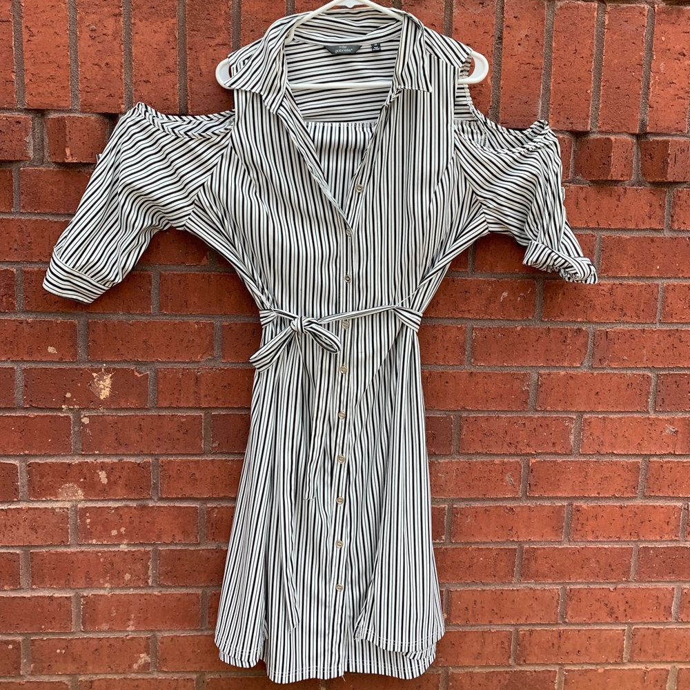 B&W Striped Cold Shoulder Button Down Dress